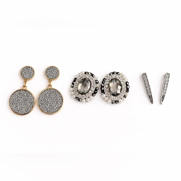 Jewelry - Statement Earring Bundle of 3 | Druzy Drops + Crystal Studs + Bar Earrings